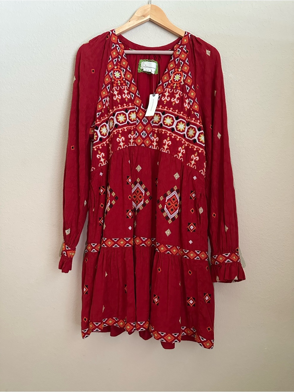 Anthropologie Red Embroidered Boho Dress with Multicolor Stitching Size M